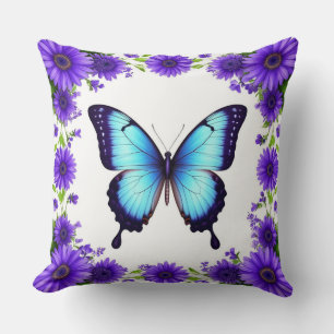 Blue Butterfly Floral Spring Garden Purple Flowers Throw Pillow
