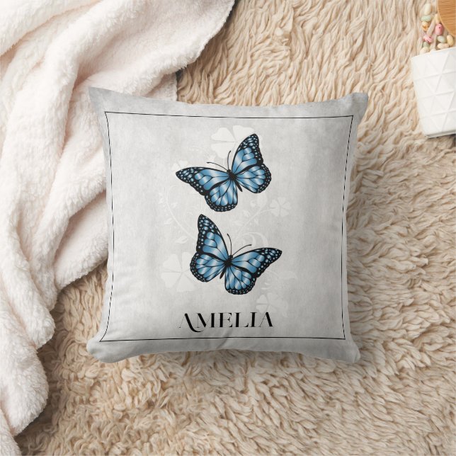 Blue Butterfly Floral Throw Pillow (Blanket)