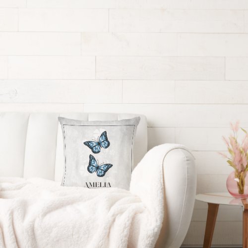 Blue Butterfly Floral Throw Pillow