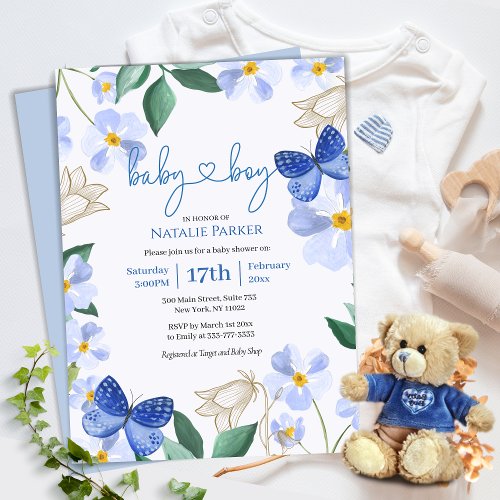 Blue Butterfly Floral Watercolor  Boy Baby Shower Invitation