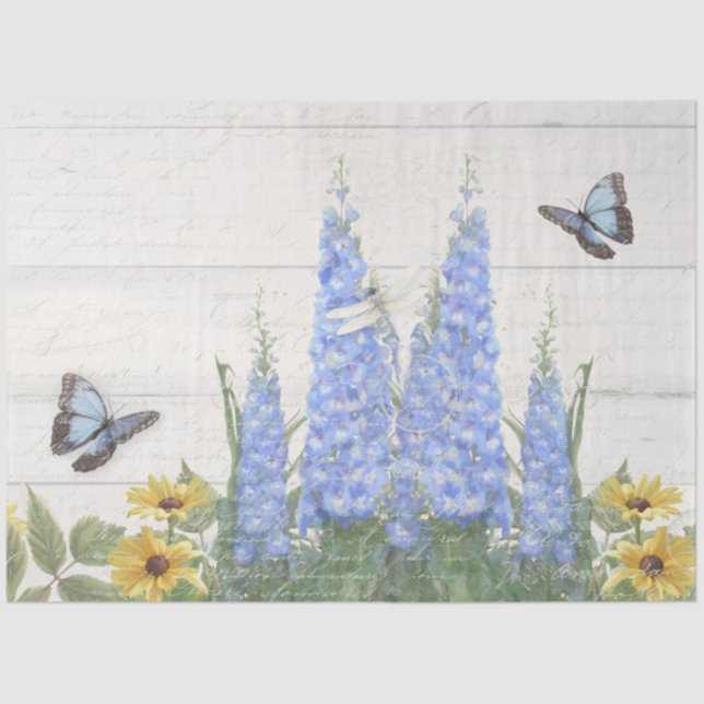 Blue Butterfly Flower Floral Sunflowers Decoupage Tissue Paper (Front)