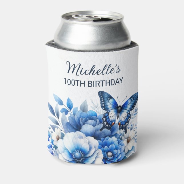 Blue Butterfly Flowers Elegant 100th Birthday Can Cooler (Can Back)