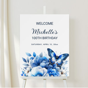Blue Butterfly Flowers Elegant 100th Birthday Foam Board