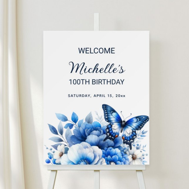 Blue Butterfly Flowers Elegant 100th Birthday Foam Board (Blue watercolor floral and butterfly 100th birthday party welcome sign.)