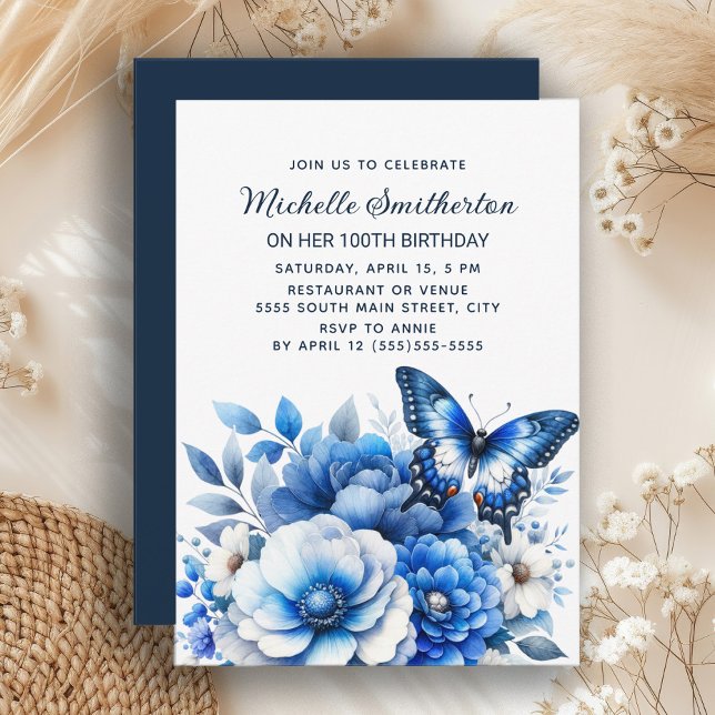 Blue Butterfly Flowers Elegant 100th Birthday Invitation (Elegant blue butterfly and floral 100th birthday party invitation for women)