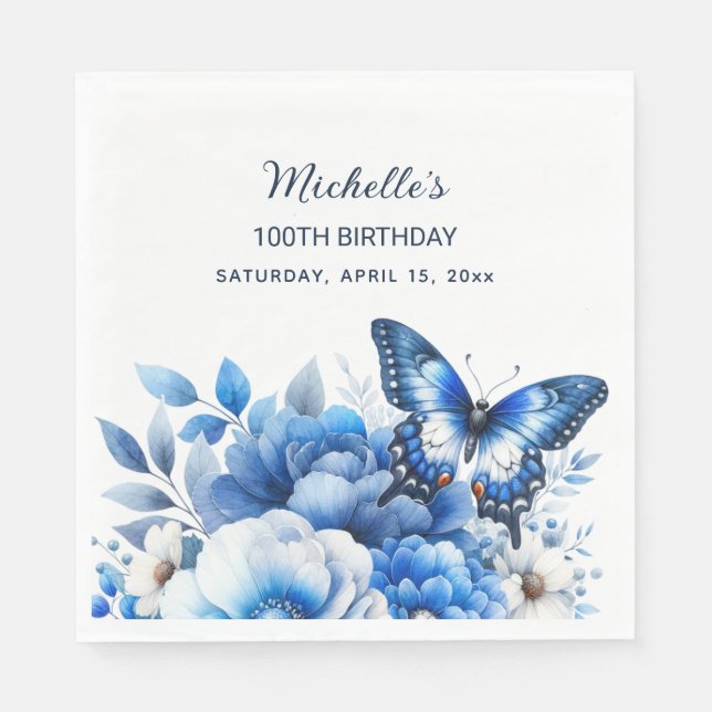 Blue Butterfly Flowers Elegant 100th Birthday Napkins (Front)