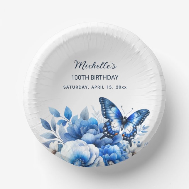 Blue Butterfly Flowers Elegant 100th Birthday Paper Bowls (Front)