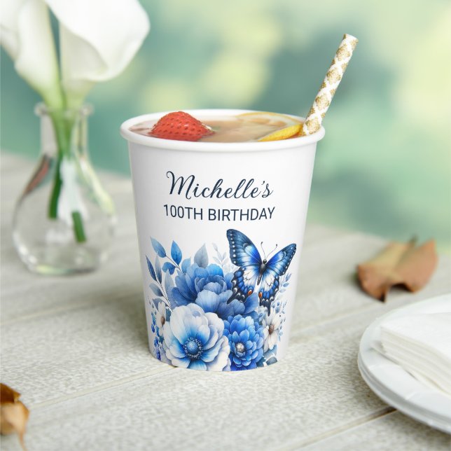 Blue Butterfly Flowers Elegant 100th Birthday Paper Cups (Insitu)