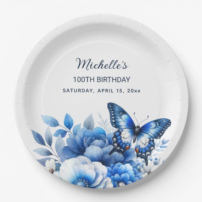 Blue Butterfly Flowers Elegant 100th Birthday Paper Plates (Front)