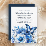 Blue Butterfly Flowers Elegant 90th Birthday Invitation<br><div class="desc">Elegant blue butterfly and flowers 90th birthday party invitation. Contact me for assistance with your customizations or to request additional matching or coordinating Zazzle products for your celebration.</div>