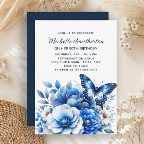 Blue Butterfly Flowers Elegant 90th Birthday Invitation