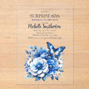 Blue Butterfly Flowers Surprise 60th Birthday Acrylic Invitations