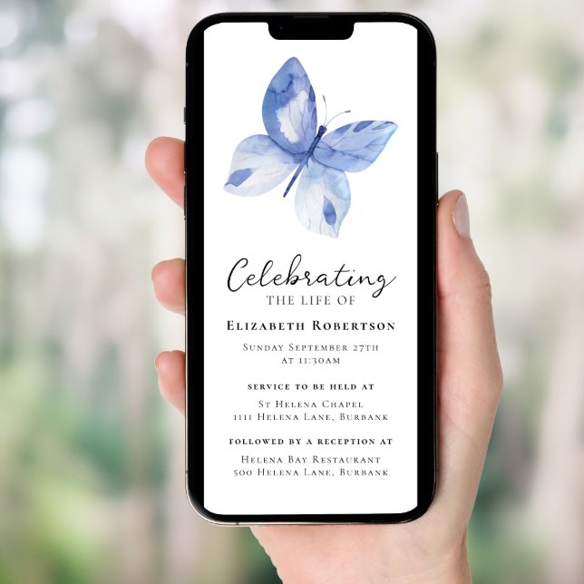 Blue Butterfly Funeral Digital Evite Invitation (Front Digital)