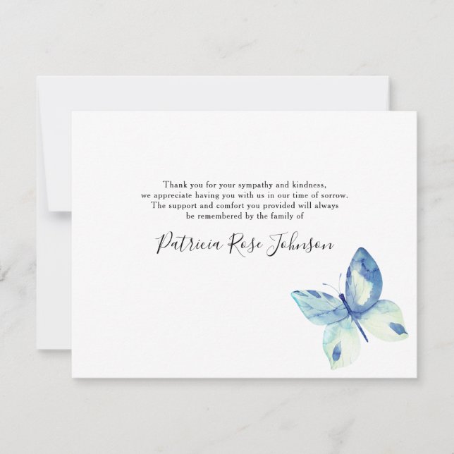 Blue Butterfly Funeral Memorial Thank You Card (Front)