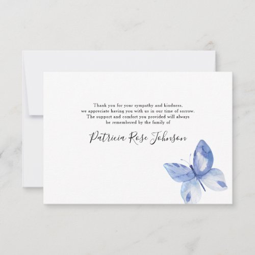 Blue Butterfly Funeral Memorial Thank You Note