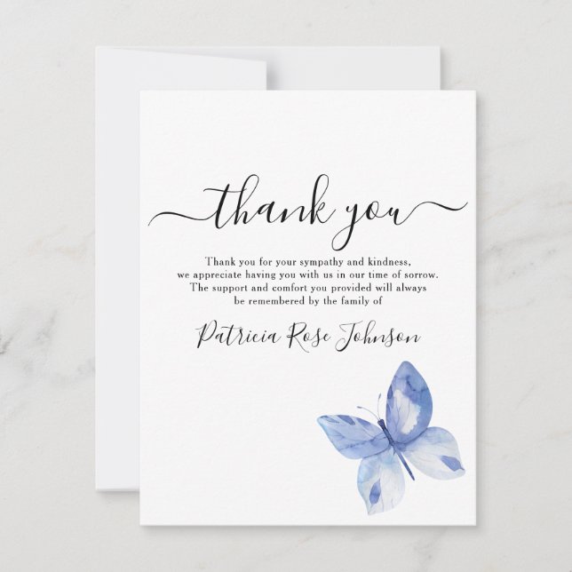 Blue Butterfly Funeral Memorial Thank You Note Card (Front)