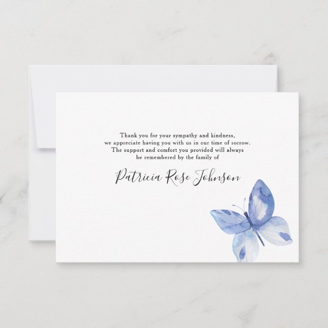 Blue Butterfly Funeral Memorial Thank You Note Card (Front)