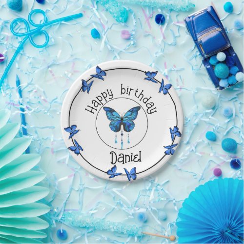 Blue Butterfly Garden Birthday Party Paper Plate 