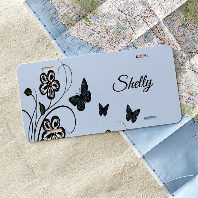 Blue Butterfly Garden Personalized License Plate (In Situ)