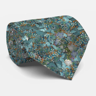 Blue Butterfly Garden Vintage Floral Pattern Neck Tie