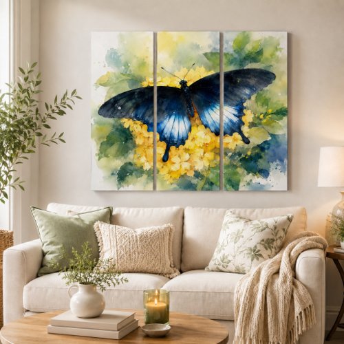 Blue Butterfly Garden Watercolor Floral Triptych