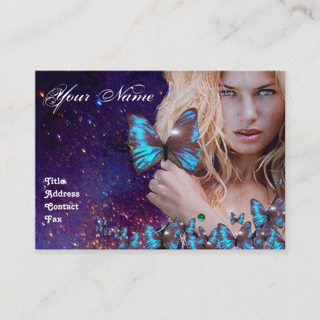 BLUE BUTTERFLY HAIR BEAUTY MAKEUP ARTIST monogram Business Card (Front)