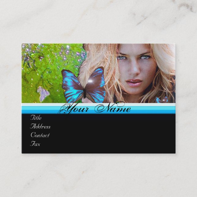 BLUE BUTTERFLY HAIR BEAUTY MAKEUP ARTIST monogram Business Card (Front)