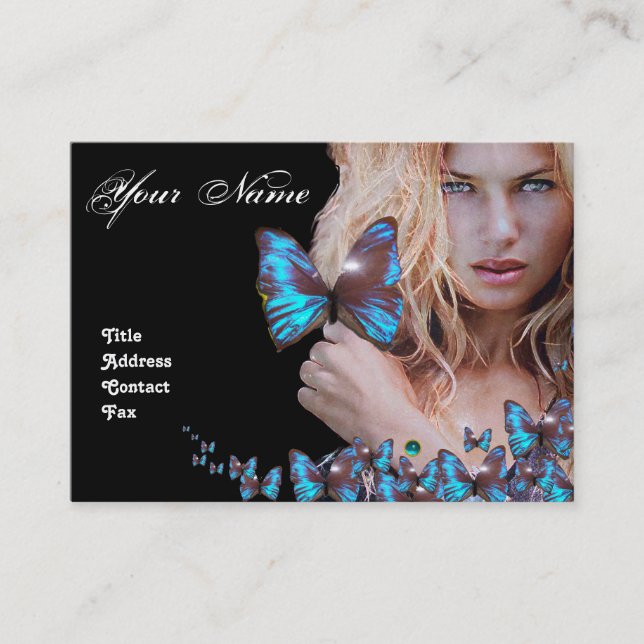 BLUE BUTTERFLY HAIR BEAUTY MAKEUP ARTIST monogram Business Card (Front)
