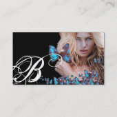 BLUE BUTTERFLY HAIR BEAUTY MAKEUP ARTIST monogram Business Card (Back)