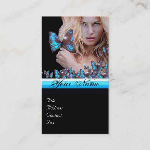 Customizable BLUE BUTTERFLY HAIR BEAUTY MAKEUP ARTIST monogram Business Card Template