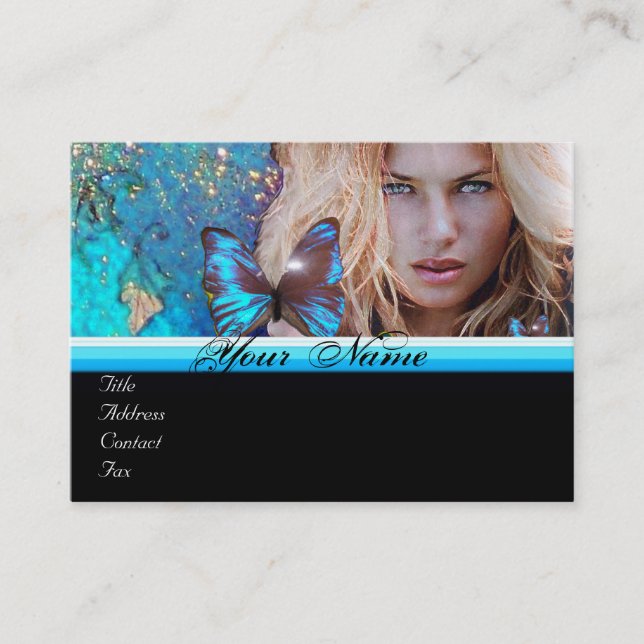 BLUE BUTTERFLY HAIR BEAUTY MAKEUP ARTIST monogram Business Card (Front)