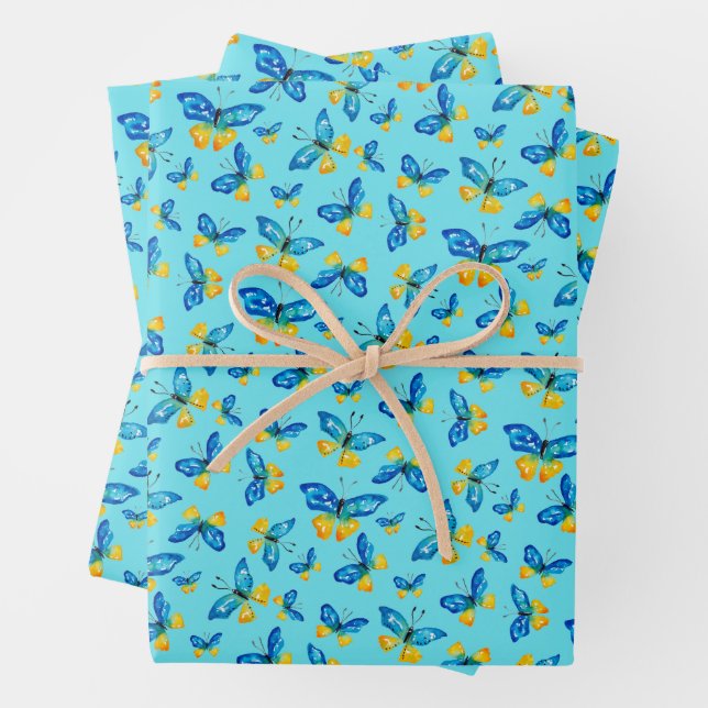 Blue Butterfly Hand-Drawn Watercolor Butterflies Wrapping Paper Sheets (In situ)