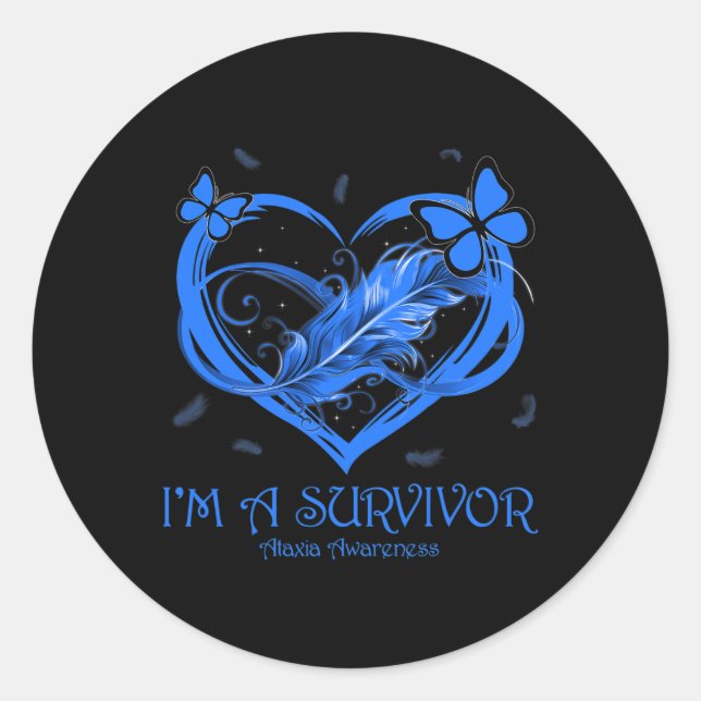 Blue Butterfly Heart I'm A Survivor Ataxia Awarene Classic Round Sticker (Front)