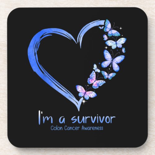 Blue Butterfly Heart Im A Survivor Colon Cancer A Beverage Coaster