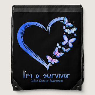 Blue Butterfly Heart I'm A Survivor Colon Cancer A Drawstring Bag