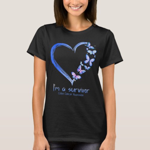 Blue Butterfly Heart Im A Survivor Colon Cancer A T_Shirt