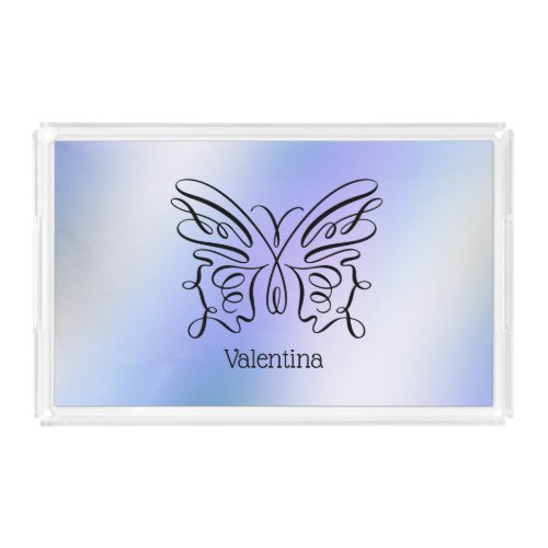 Blue Butterfly Holographic Monogram Name  Acrylic Tray