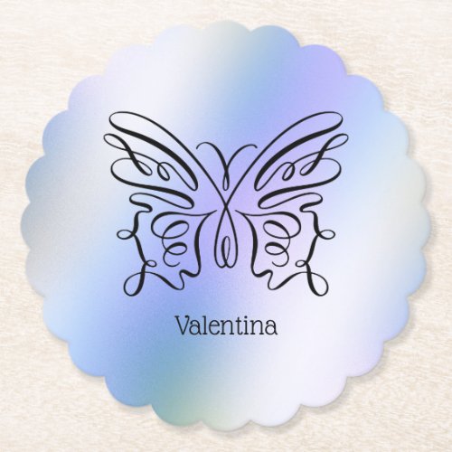 Blue Butterfly Holographic Monogram Name  Paper Coaster