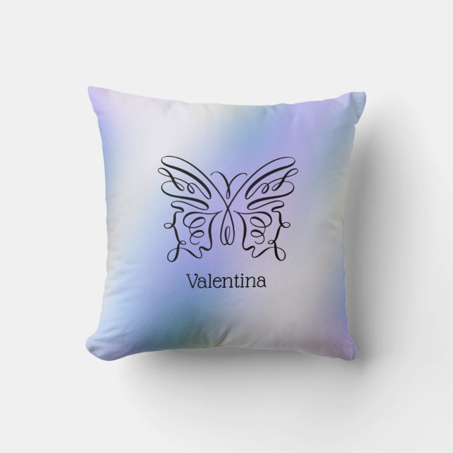 Blue Butterfly Holographic Monogram Name Throw Pillow (Front)