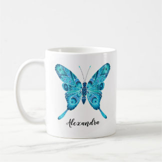 Blue Butterfly Illustration Custom Name 11oz Mug