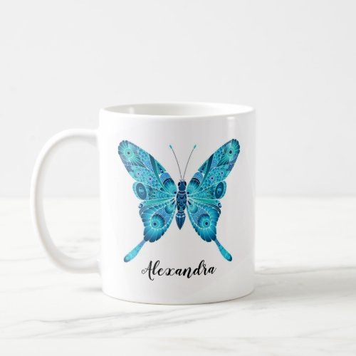 Blue Butterfly Illustration Custom Name 11oz Mug