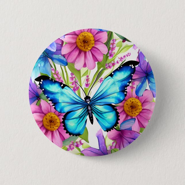 Blue Butterfly In a Field of Flowers Button (Front)