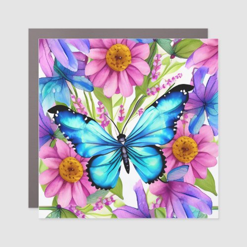 Blue Butterfly In a Field of Flowers Car Magnet