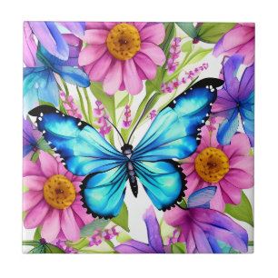 Blue Butterfly In a Field of Flowers Ceramic Tile