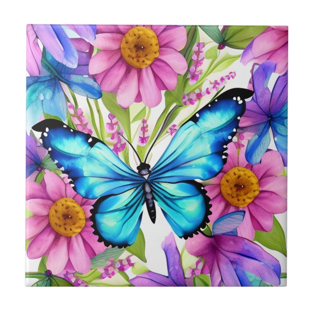 Blue Butterfly In a Field of Flowers Ceramic Tile (Front)