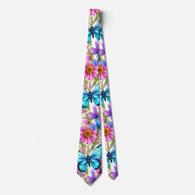 Blue Butterfly In a Field of Flowers Neck Tie (Front)