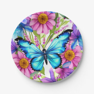 Blue Butterfly In a Field of Flowers Paper Plates