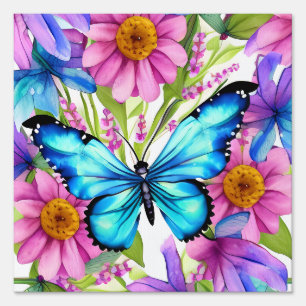 Blue Butterfly In a Field of Flowers Sign