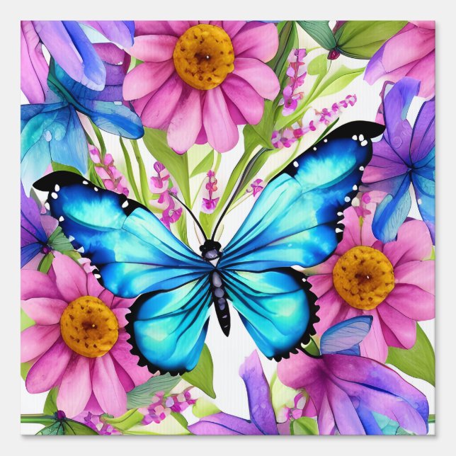 Blue Butterfly In a Field of Flowers Sign (Front)