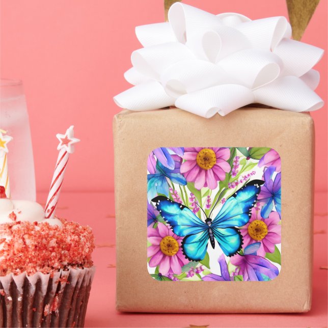 Blue Butterfly In a Field of Flowers Square Sticker (Party)